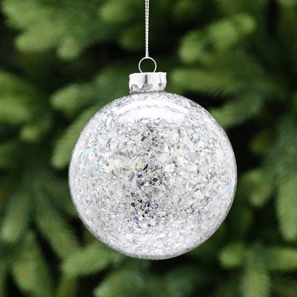10cm Silver Crackle Effect Glass Bauble Tree Decoration