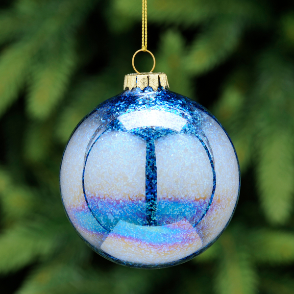 8cm Iridescent Petrol Glass Bauble with Blue Glitter Tree Decoration