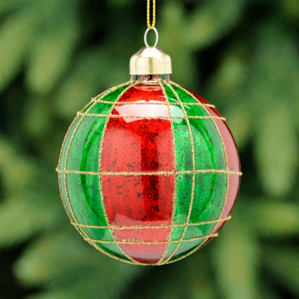 8cm Green and Red Glass Bauble with Gold Lines Tree Decoration