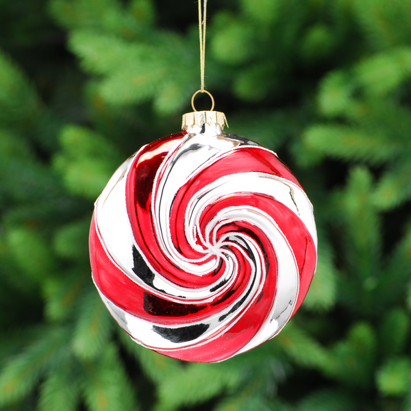 10cm Red and White Candy Cane Swirls Glass Bauble Tree Decoration
