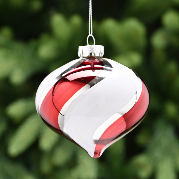 10cm Silver Glass Onion Bauble with Red and White Stripes Tree Decoration