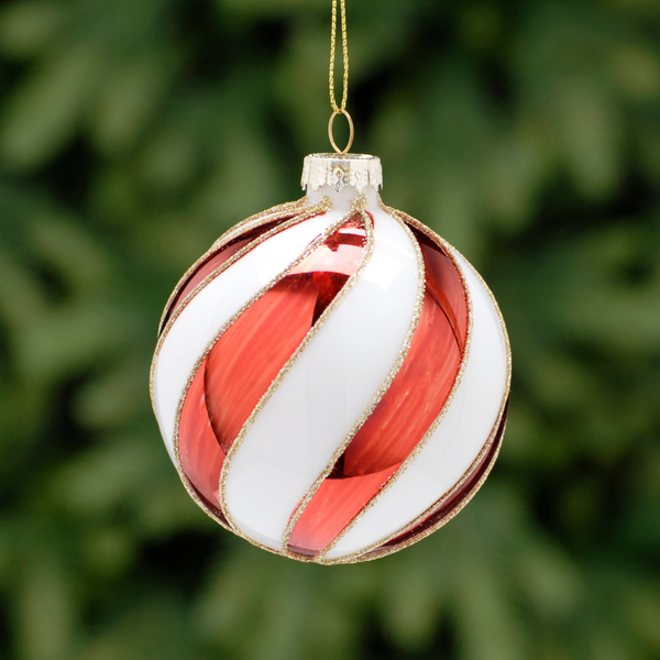 8cm Red and White Swirls Gold Glitter Glass Bauble Tree Decoration