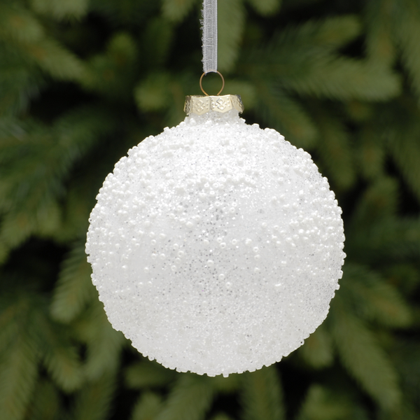 10cm White Beaded Glass Bauble Tree Decoration