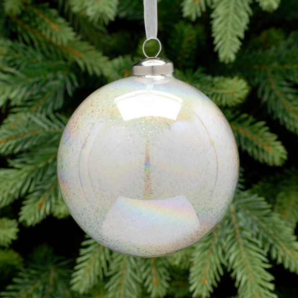 10cm White Iridescent Silver Glitter Glass Bauble Tree Decoration