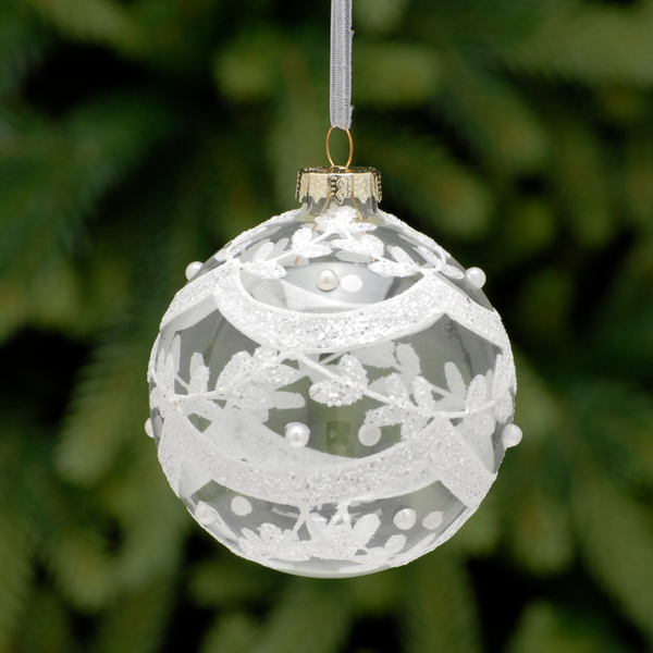 8cm Clear with White Bead Leaf Glass Bauble Tree Decoration