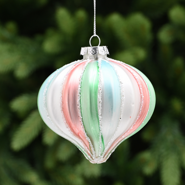 10cm Segment Glass Onion in Pink Blue Silver and Green Tree Bauble