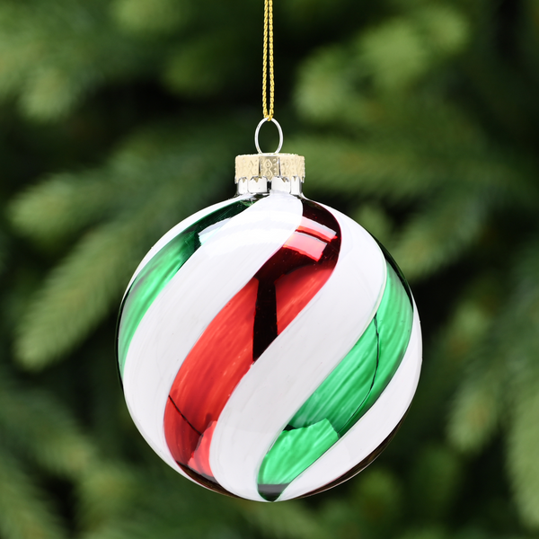 8cm White Green and Red Stripe Glass Bauble Tree Decoration
