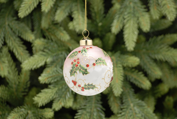 8cm White Glass Bauble with Holly Design Tree Decoration