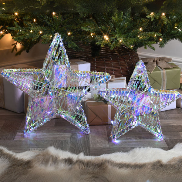 Set of 2 Battery Operated Lit Iridescent Stars with 45 White LEDs