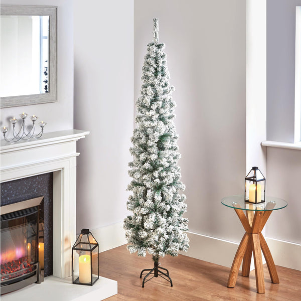 6.5ft Flocked Spruce Pencil Pine Artificial Christmas Tree with Metal Stand