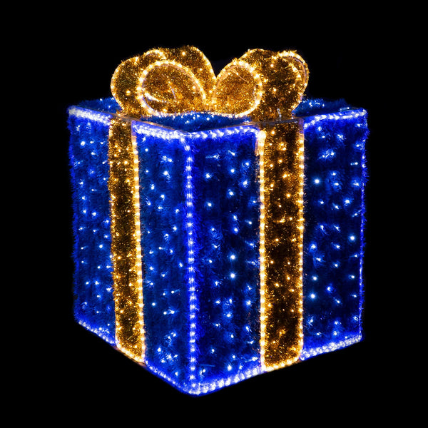 1.15m Blue and Gold Lit 3D Christmas Present Commercial Display