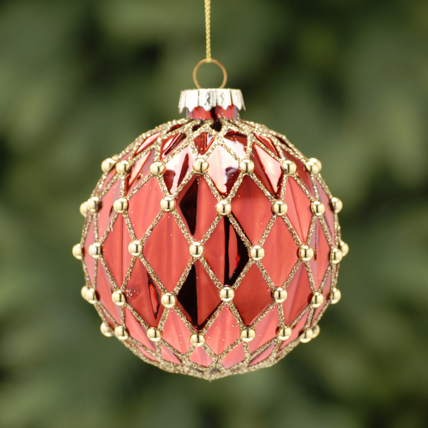 8cm Red and Gold Glitter and Gems Segment Glass Christmas Tree Bauble