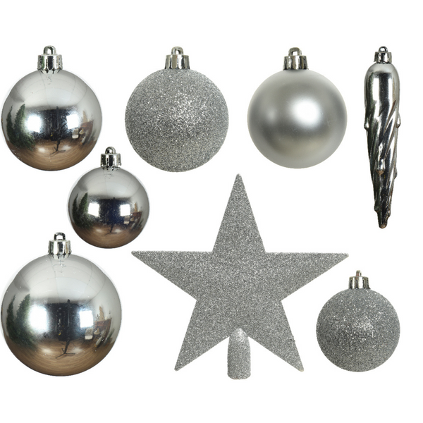 Pack of 33 Silver Shatterproof Mixed Baubles and Star Tree Topper