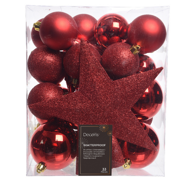 Pack of 33 Christmas Red Shatterproof Tree Baubles with Star Tree Topper