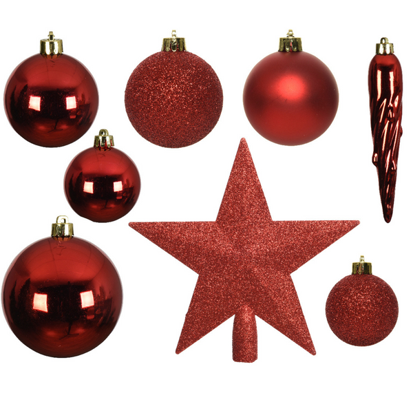 Pack of 33 Christmas Red Shatterproof Tree Baubles with Star Tree Topper