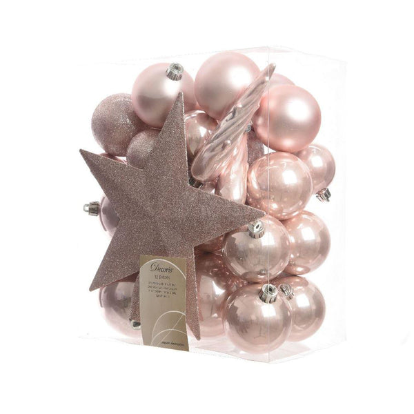 Pack of 33 Blush Pink Shatterproof Mixed Tree Baubles with Star Tree Topper