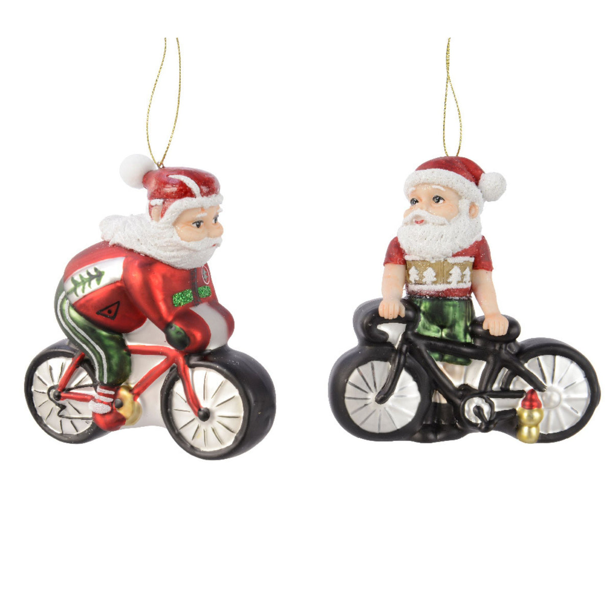Pack of 2 Novelty Glass Santa on Bike Hanging Christmas Tree Decorations