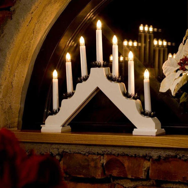 White Wooden Lit Candle Bridge with 7 LED's