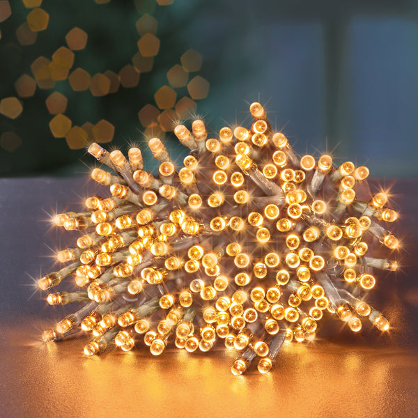 200 Vintage Gold Supabrights Multi Action LED String Lights on Clear Cable with Timer