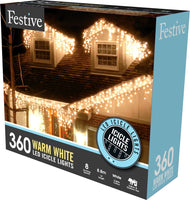360 Warm White Snowing Icicle Timer Lights