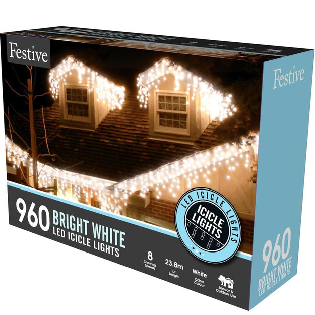 960 White Snowing Icicle Timer Lights