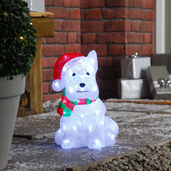 Lit Acrylic Westie Dog with Santa Hat