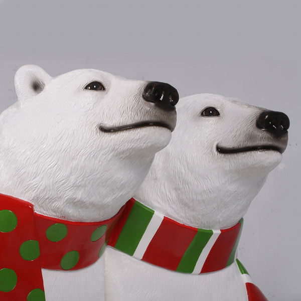 1.7m Polar Bear Pair Wearing Festive Scarves Photo Opportunity Bench Display Prop