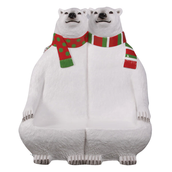 1.7m Polar Bear Pair Wearing Festive Scarves Photo Opportunity Bench Display Prop