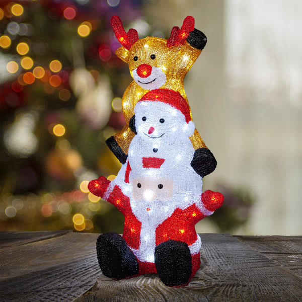 Santa Snowman and Reindeer Stacked Outdoor LED Lit Christmas Acrylic