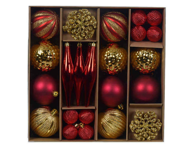 Set of 46 Red and Gold Shatterproof Christmas Tree Baubles with Hangers