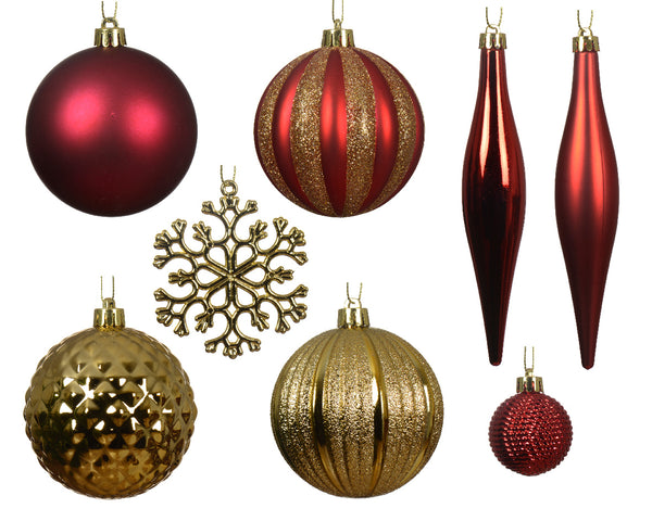 Set of 46 Red and Gold Shatterproof Christmas Tree Baubles with Hangers