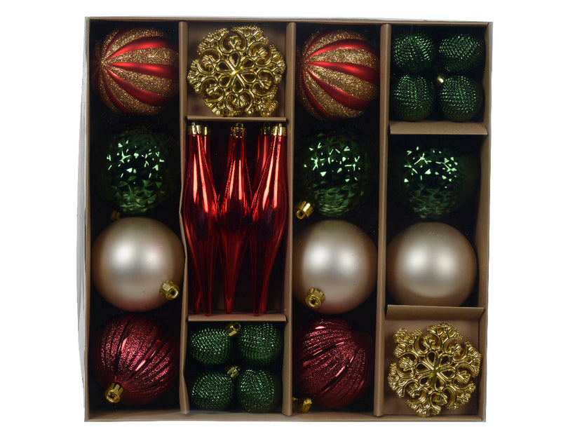 Set of 46 Red Gold and Green Shatterproof Christmas Tree Baubles with Hangers