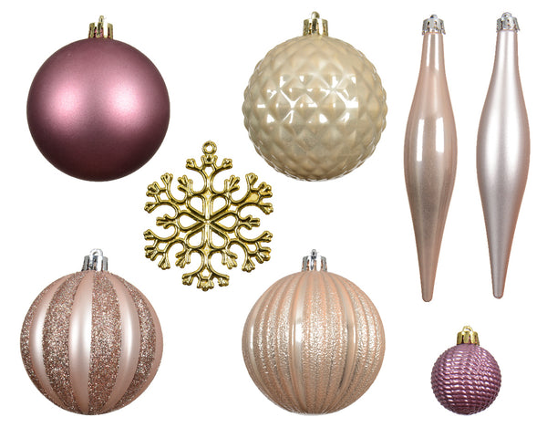 Set of 46 Vintage Pink Pearl and Gold Shatterproof Christmas Tree Baubles with Hangers