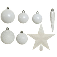 Pack of 33 Winter White Shatterproof Baubles with Christmas Tree Topper