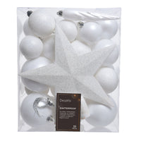 Pack of 33 Winter White Shatterproof Baubles with Christmas Tree Topper