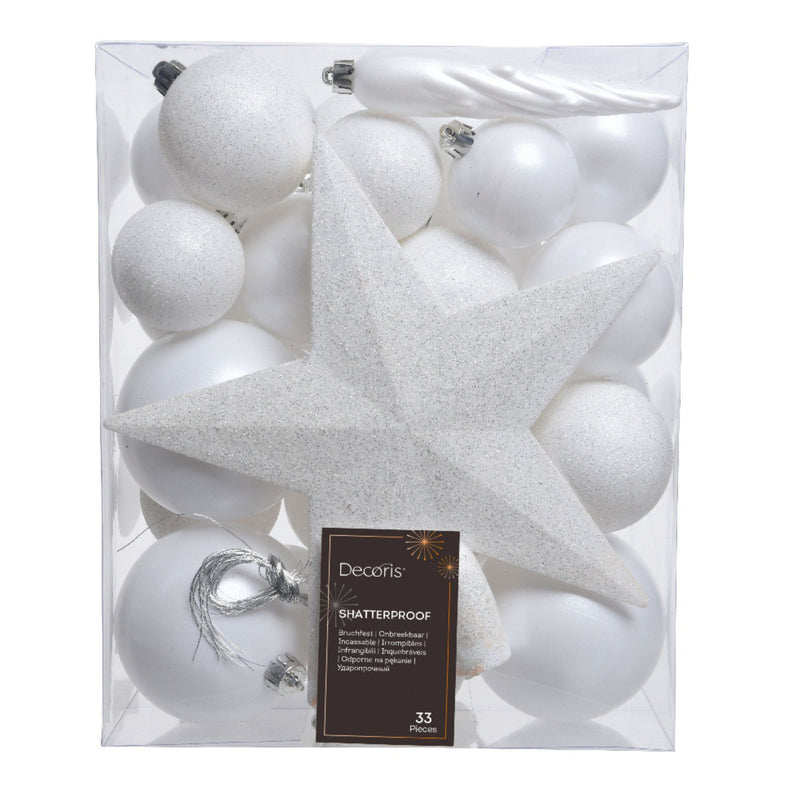 Pack of 33 Winter White Shatterproof Baubles with Christmas Tree Topper