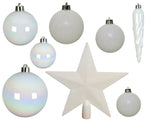 Pack of 33 White Iris Shatterproof Baubles With Christmas Tree Topper