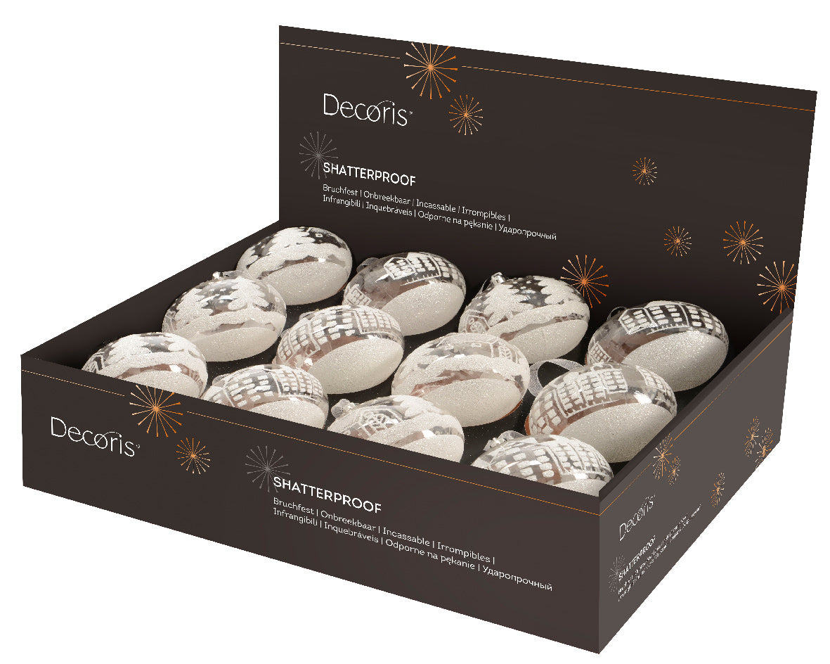 Tray of 12 Shatterproof Transparent White Christmas Tree Baubles