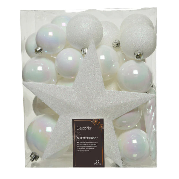 Pack of 33 White Iris Shatterproof Baubles With Christmas Tree Topper