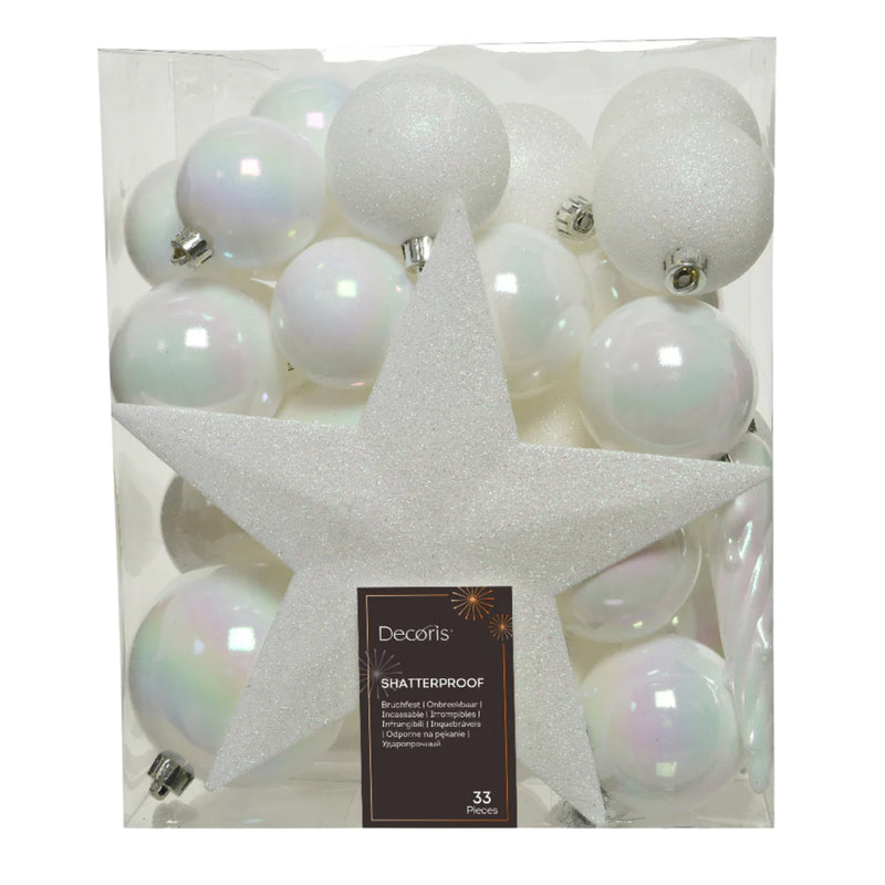 Pack of 33 White Iris Shatterproof Baubles With Christmas Tree Topper