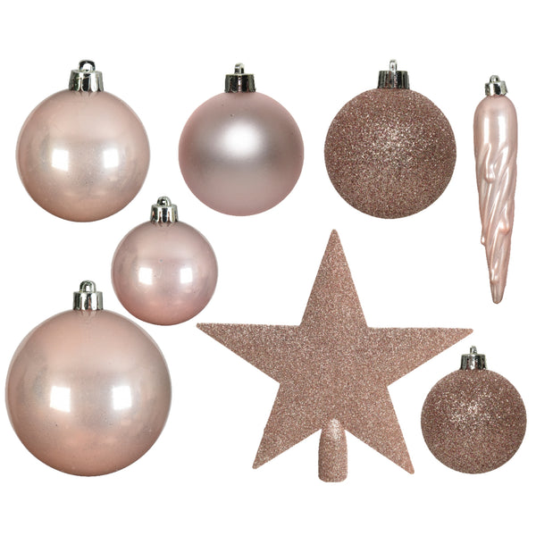 Pack of 33 Blush Pink Shatterproof Mixed Tree Baubles with Star Tree Topper