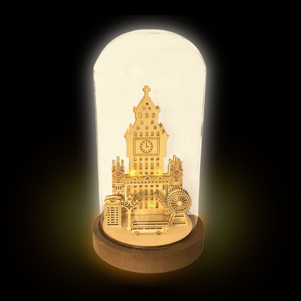 28cm London Wooden Scene LED Lit Display in Glass Dome