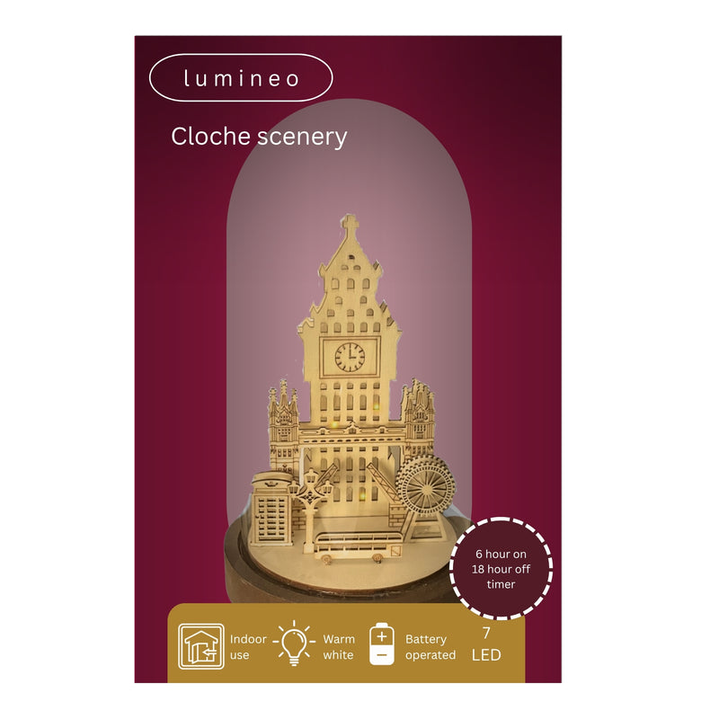 28cm London Wooden Scene LED Lit Display in Glass Dome
