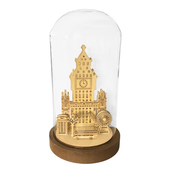 28cm London Wooden Scene LED Lit Display in Glass Dome