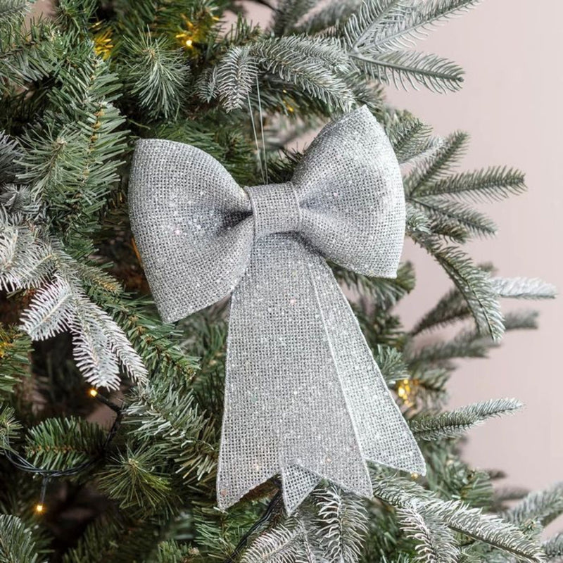 14cm Small Silver Glitter Bow Christmas Tree Decoration