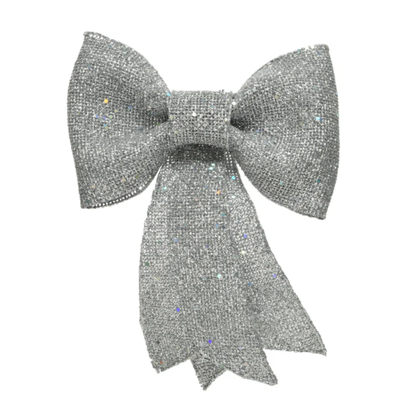 14cm Small Silver Glitter Bow Christmas Tree Decoration