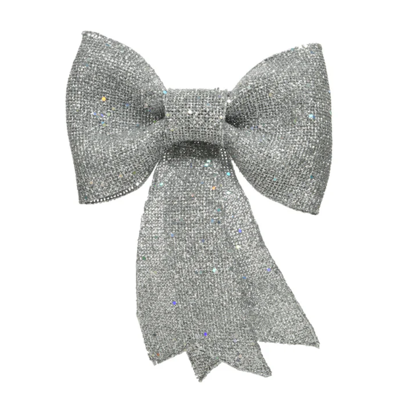 14cm Small Silver Glitter Bow Christmas Tree Decoration