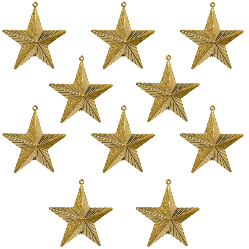 Pack of 10 Gold Glitter Shatterproof Christmas Tree Star Decoration