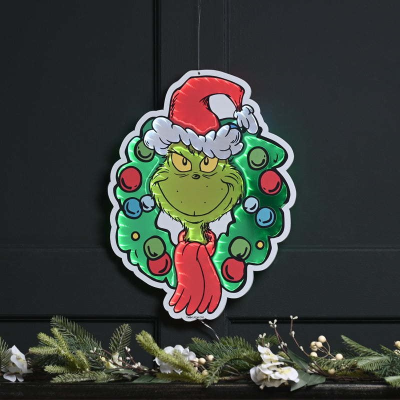 40cm Grinch Wearing Santa Hat Infinity Light & Christmas Wreath