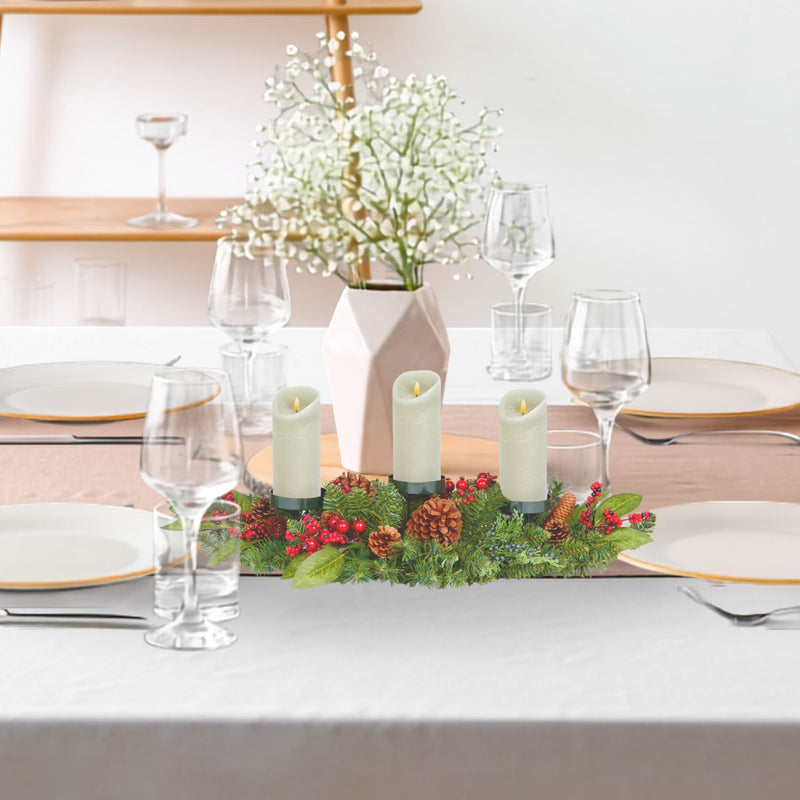 80cm Natural Red Berry Triple Christmas Table Centrepiece